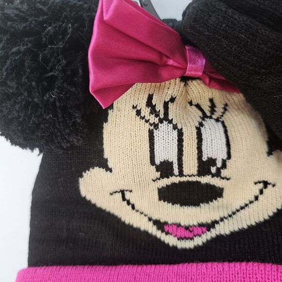 Disney Minnie Mouse Beanie Black & Pink pom-pom Mouse Ears Pink Bow Toddler Kids - Picture 2 of 6
